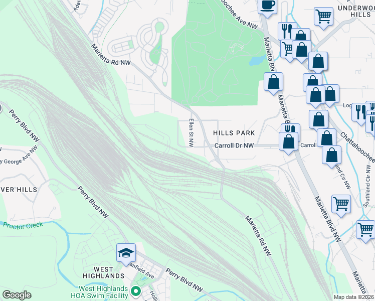 map of restaurants, bars, coffee shops, grocery stores, and more near 1734 Ellen Street Northwest in Atlanta