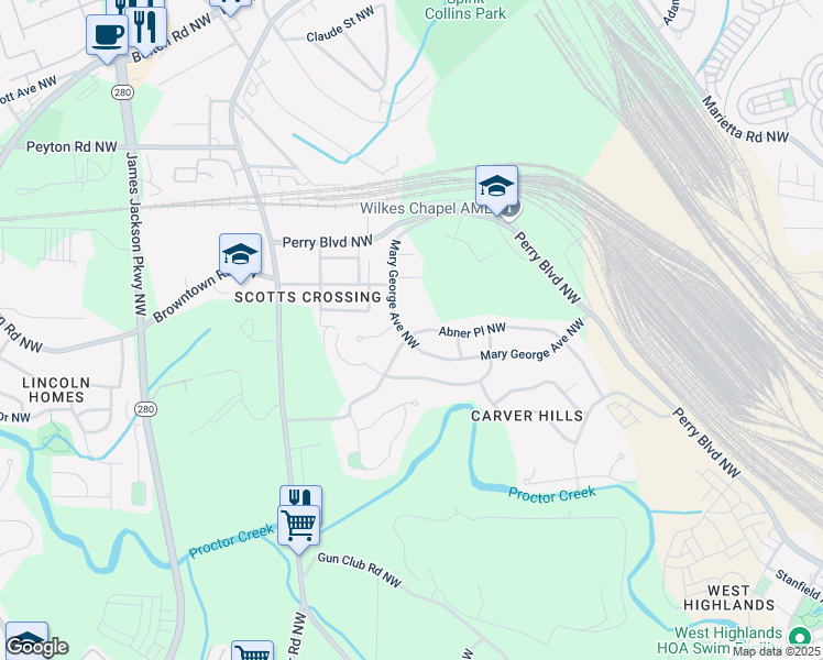 map of restaurants, bars, coffee shops, grocery stores, and more near 1705 Mary George Avenue Northwest in Atlanta