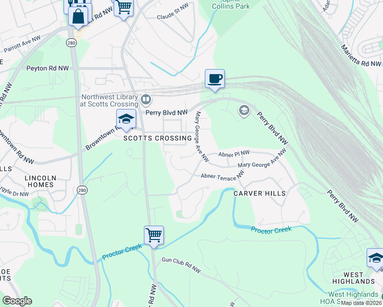 map of restaurants, bars, coffee shops, grocery stores, and more near 1697 Abner Court Northwest in Atlanta