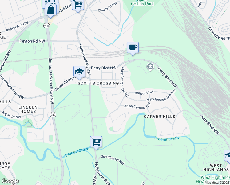 map of restaurants, bars, coffee shops, grocery stores, and more near 1731 Givens Street Northwest in Atlanta