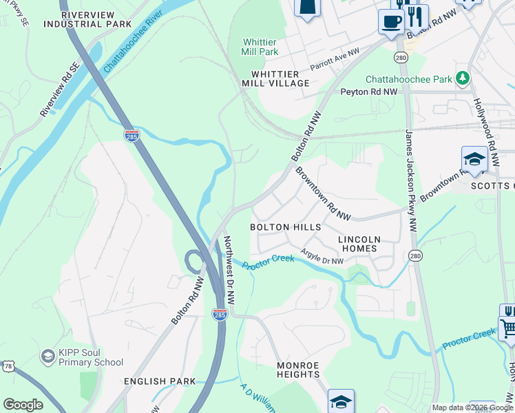 map of restaurants, bars, coffee shops, grocery stores, and more near in Atlanta
