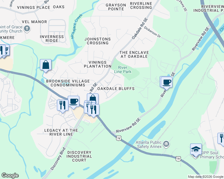 map of restaurants, bars, coffee shops, grocery stores, and more near 6102 Indian Wood Circle in Mableton