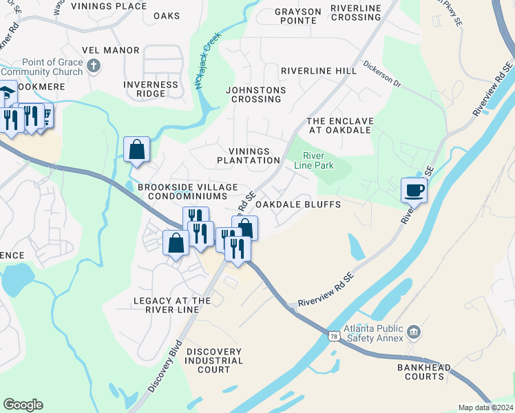 map of restaurants, bars, coffee shops, grocery stores, and more near 6174 Oakdale Road Southeast in Mableton