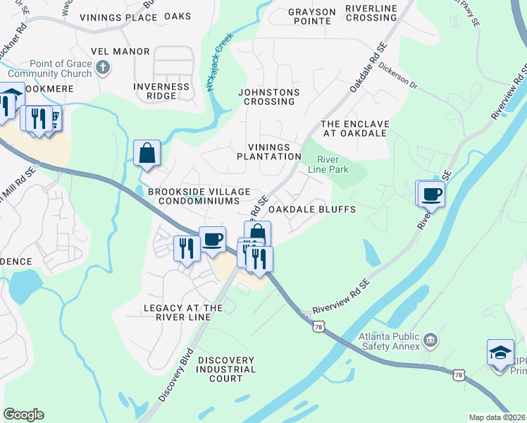 map of restaurants, bars, coffee shops, grocery stores, and more near 6174 Oakdale Road Southeast in Mableton