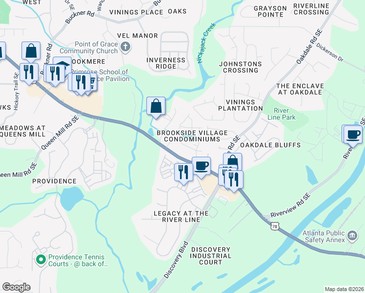 map of restaurants, bars, coffee shops, grocery stores, and more near 6437 Brookside Boulevard in Mableton