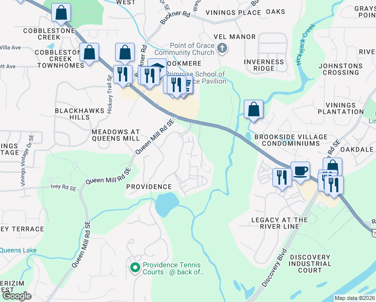 map of restaurants, bars, coffee shops, grocery stores, and more near 914 Dennison Drive Southeast in Mableton