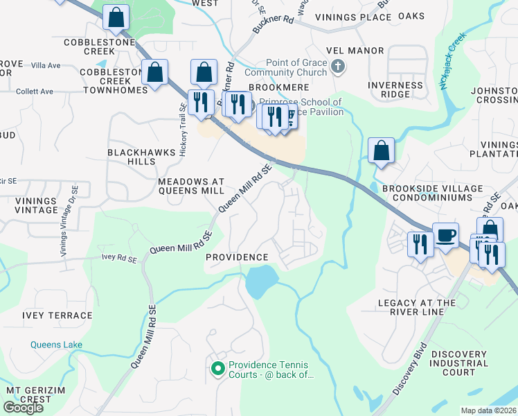 map of restaurants, bars, coffee shops, grocery stores, and more near 6203 Providence Club Drive in Mableton