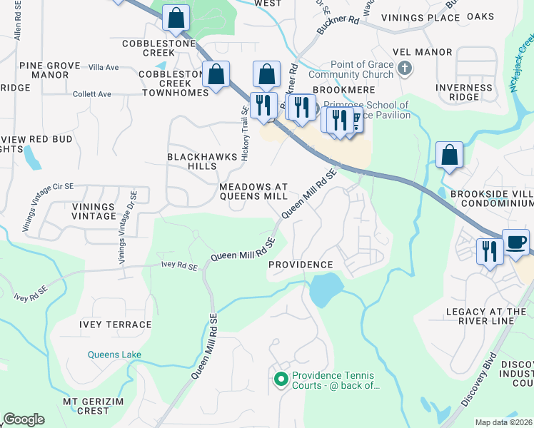map of restaurants, bars, coffee shops, grocery stores, and more near 6216 Queen Meadow Drive Southeast in Mableton