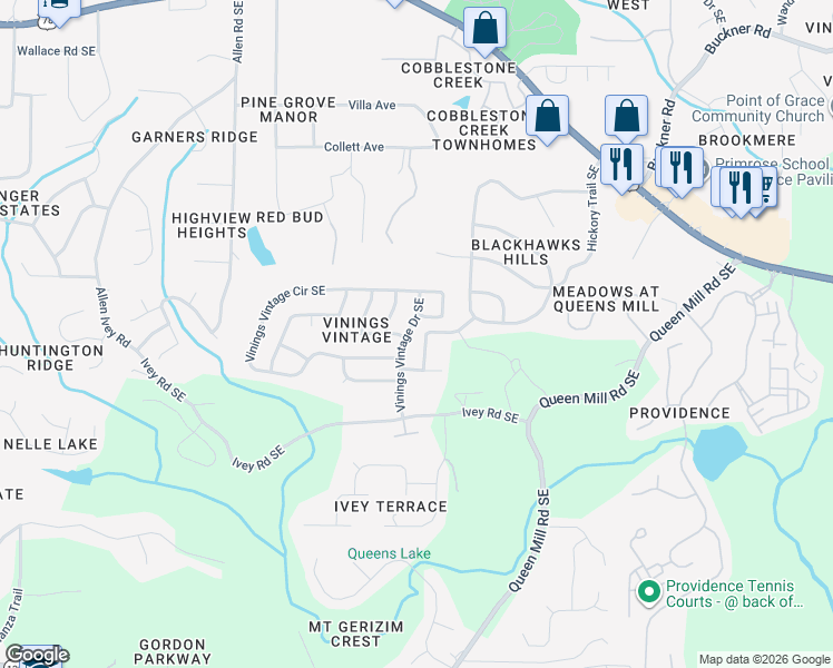 map of restaurants, bars, coffee shops, grocery stores, and more near 471 Vinings Vintage Circle in Mableton
