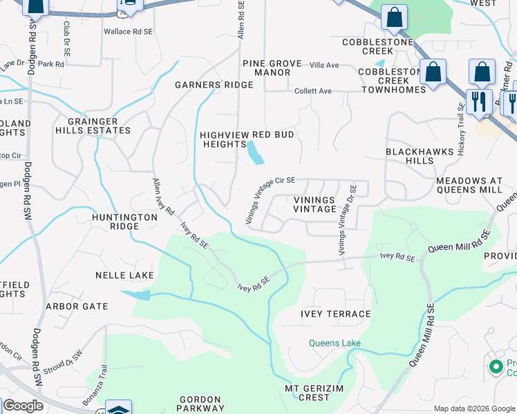 map of restaurants, bars, coffee shops, grocery stores, and more near 380 Vinings Vintage Circle Southeast in Mableton