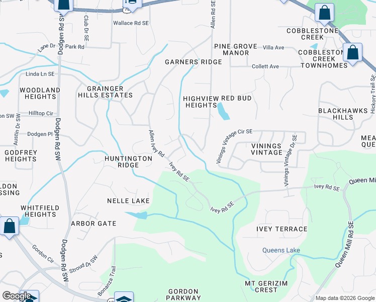 map of restaurants, bars, coffee shops, grocery stores, and more near 227 Clydesdale Lane Southeast in Mableton