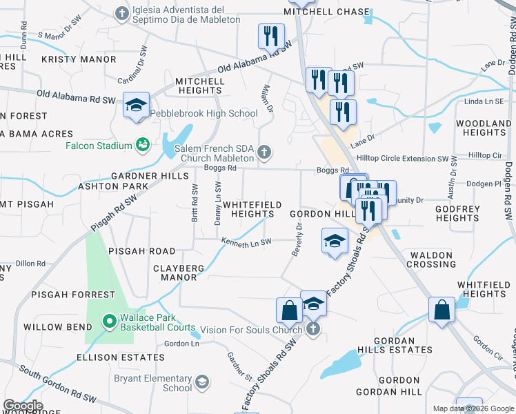 map of restaurants, bars, coffee shops, grocery stores, and more near 6214 Vera Lane Southwest in Mableton