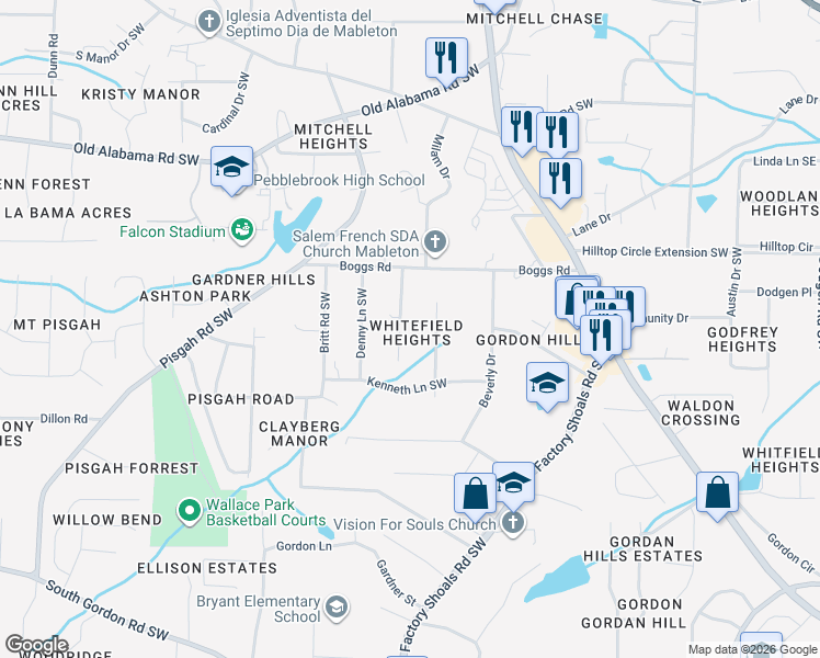 map of restaurants, bars, coffee shops, grocery stores, and more near 6214 Vera Lane Southwest in Mableton