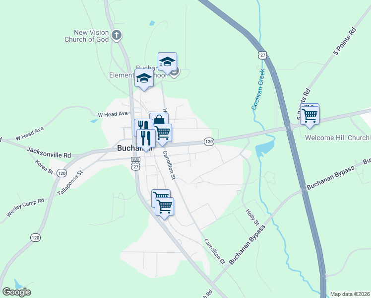 map of restaurants, bars, coffee shops, grocery stores, and more near 5024 Georgia 120 in Buchanan