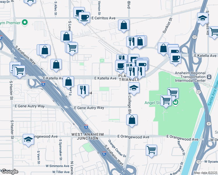 map of restaurants, bars, coffee shops, grocery stores, and more near 1870 Union Street in Anaheim