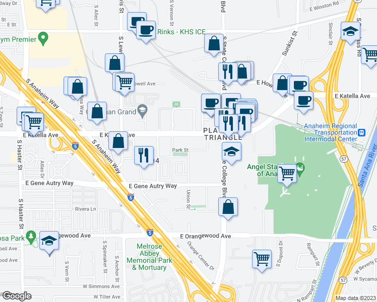 map of restaurants, bars, coffee shops, grocery stores, and more near 1532 East Katella Avenue in Anaheim