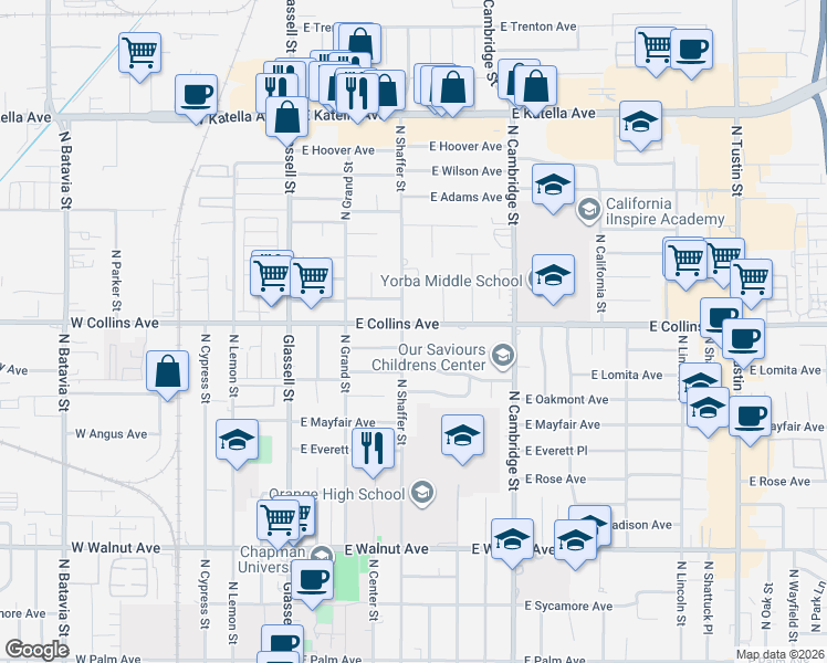 map of restaurants, bars, coffee shops, grocery stores, and more near 522 East Collins Avenue in Orange