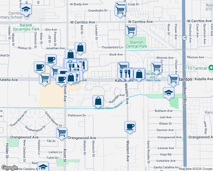 map of restaurants, bars, coffee shops, grocery stores, and more near 11075 Dudley Way in Stanton