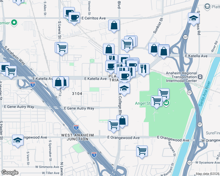 map of restaurants, bars, coffee shops, grocery stores, and more near 1700 East Park Lane in Anaheim