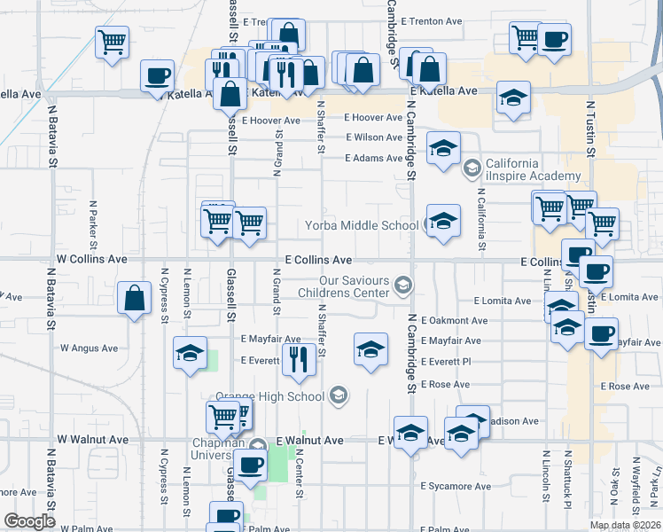 map of restaurants, bars, coffee shops, grocery stores, and more near 495 East Collins Avenue in Orange