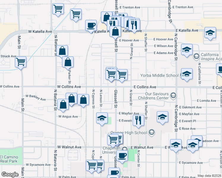 map of restaurants, bars, coffee shops, grocery stores, and more near 159 West Collins Avenue in Orange