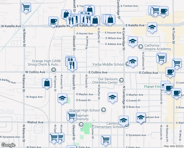 map of restaurants, bars, coffee shops, grocery stores, and more near 344 East Collins Avenue in Orange