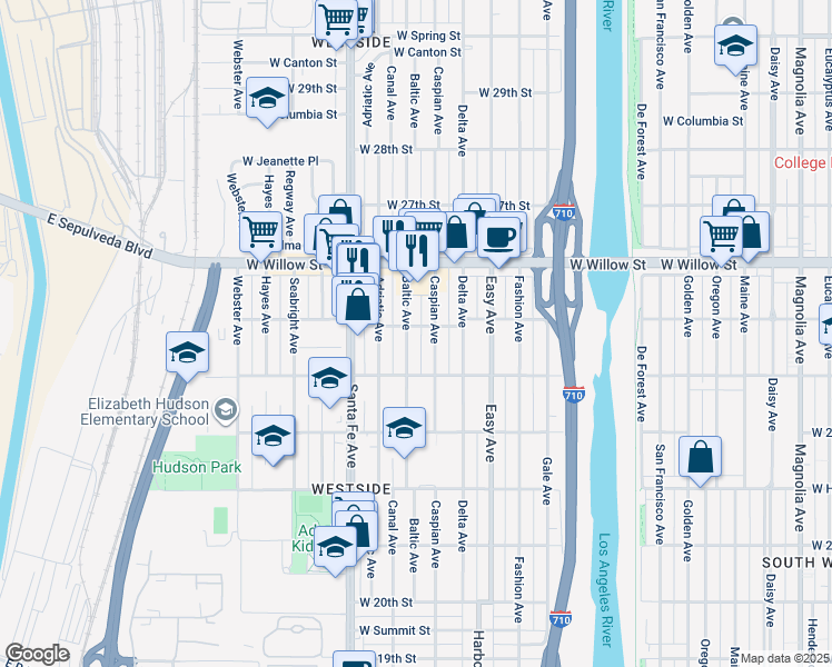 map of restaurants, bars, coffee shops, grocery stores, and more near 2470 Baltic Avenue in Long Beach