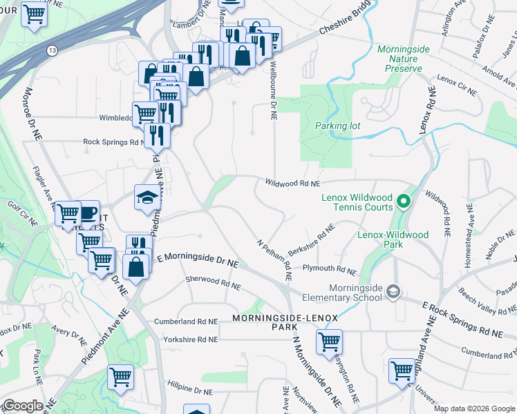 map of restaurants, bars, coffee shops, grocery stores, and more near 1752 Pine Ridge Drive Northeast in Atlanta