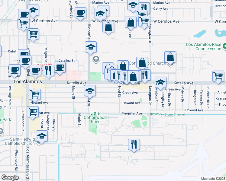 map of restaurants, bars, coffee shops, grocery stores, and more near 4191 Green Avenue in Los Alamitos