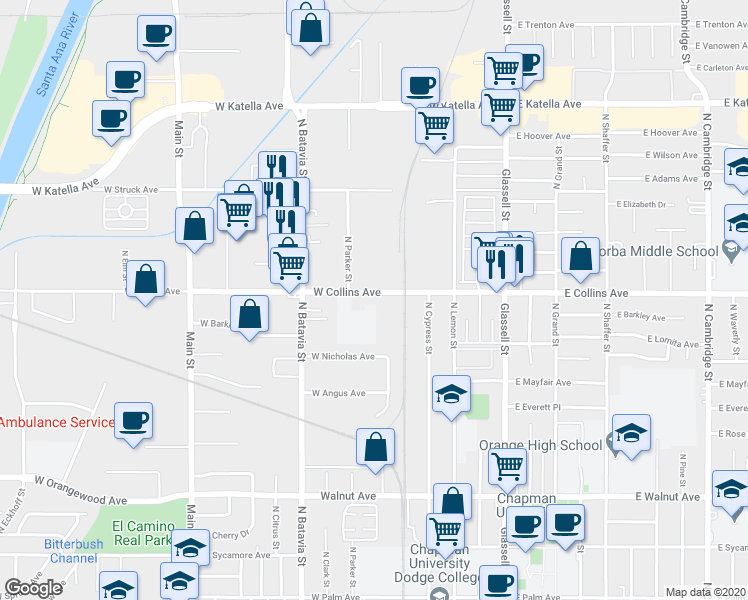 map of restaurants, bars, coffee shops, grocery stores, and more near 606 West Collins Avenue in Orange