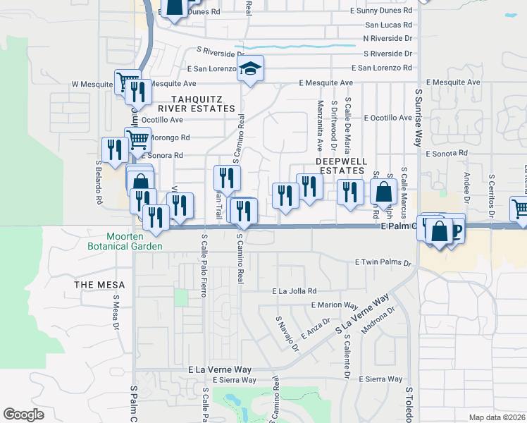 map of restaurants, bars, coffee shops, grocery stores, and more near 940 East Palm Canyon Drive in Palm Springs