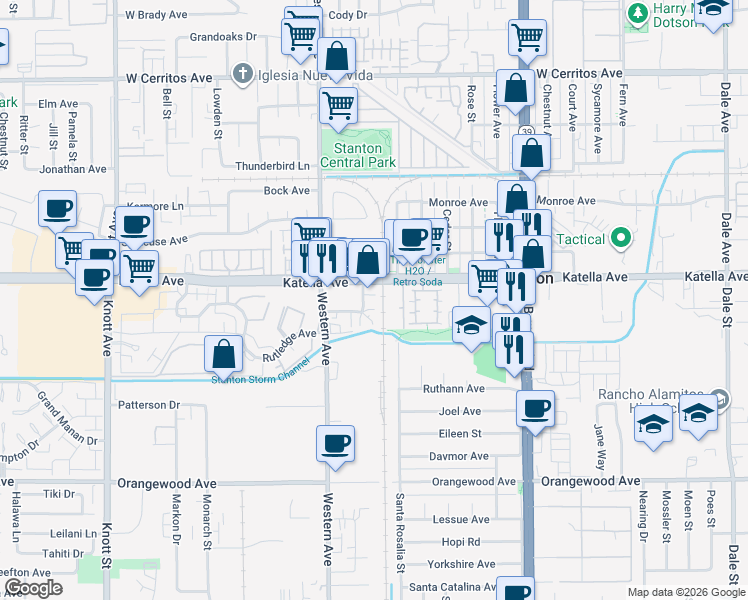 map of restaurants, bars, coffee shops, grocery stores, and more near 7622 Katella Avenue in Stanton