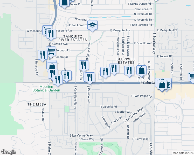 map of restaurants, bars, coffee shops, grocery stores, and more near 940 East Palm Canyon Drive in Palm Springs