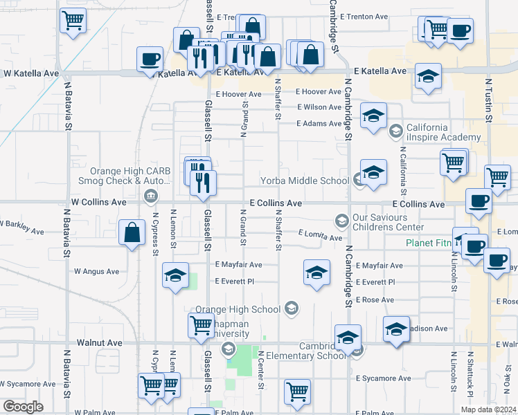 map of restaurants, bars, coffee shops, grocery stores, and more near 344 East Collins Avenue in Orange