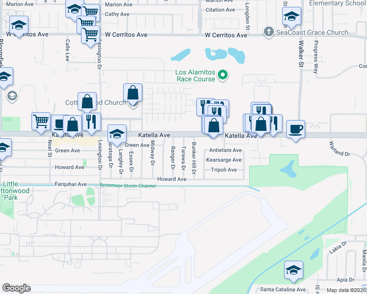 map of restaurants, bars, coffee shops, grocery stores, and more near 11051 Tarawa Drive in Los Alamitos