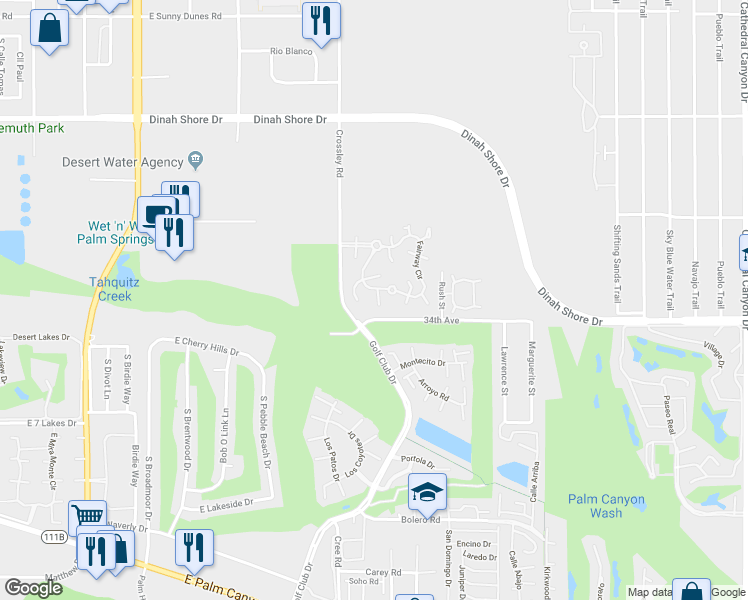 map of restaurants, bars, coffee shops, grocery stores, and more near 1780 Firestone Plaza in Palm Springs
