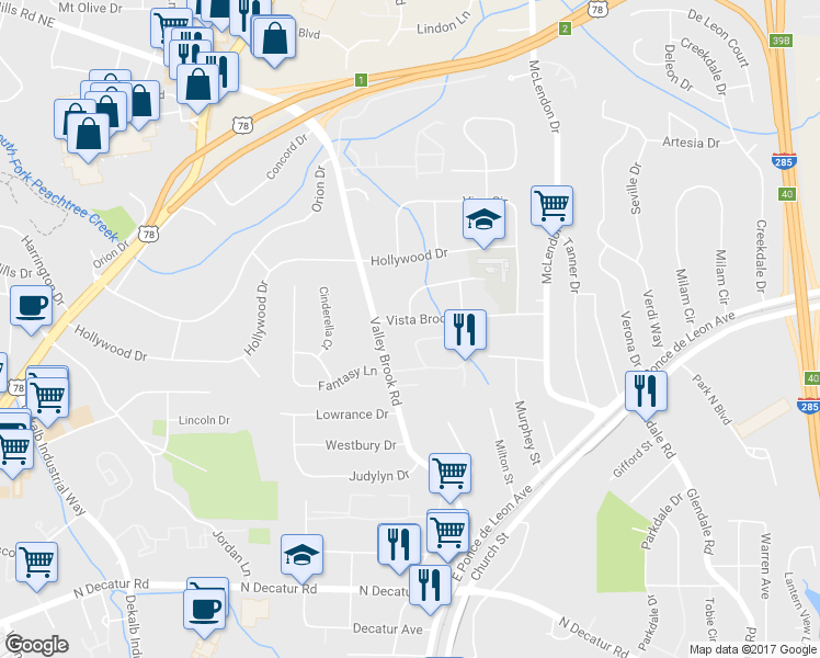 map of restaurants, bars, coffee shops, grocery stores, and more near 3021 Vista Brook Drive in Decatur