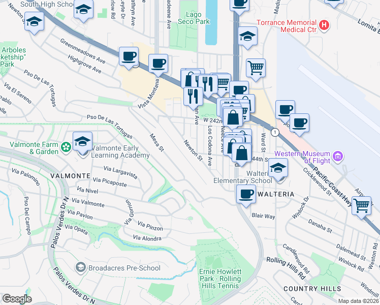 map of restaurants, bars, coffee shops, grocery stores, and more near 3910 Newton Street in Torrance