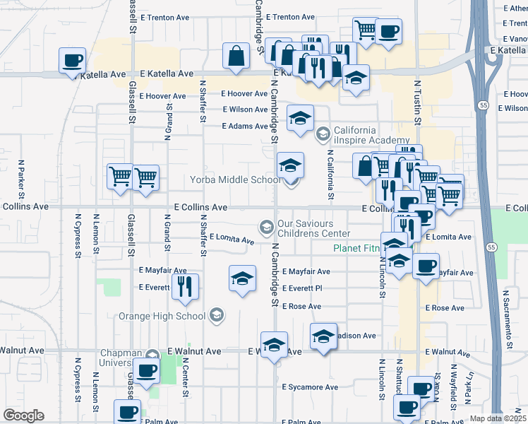 map of restaurants, bars, coffee shops, grocery stores, and more near 841 East Collins Avenue in Orange