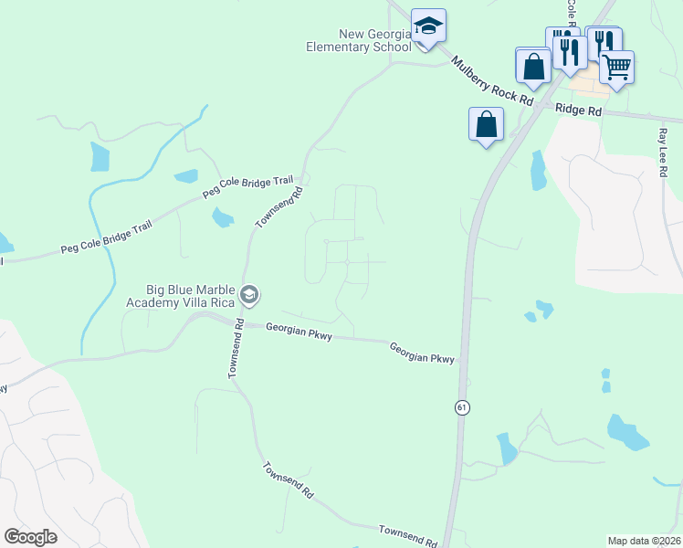 map of restaurants, bars, coffee shops, grocery stores, and more near 651 Meriwether Lane in Villa Rica