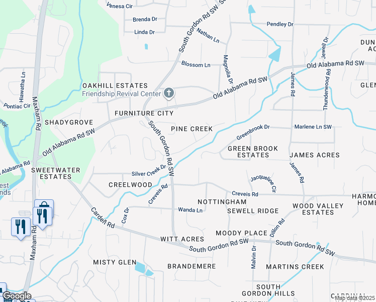 map of restaurants, bars, coffee shops, grocery stores, and more near 1821 Pine Creek Drive in Austell