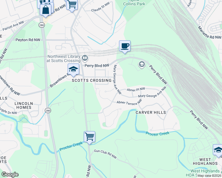 map of restaurants, bars, coffee shops, grocery stores, and more near 1697 Abner Court Northwest in Atlanta