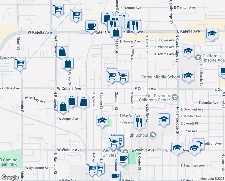 map of restaurants, bars, coffee shops, grocery stores, and more near 875 North Olive Street in Orange