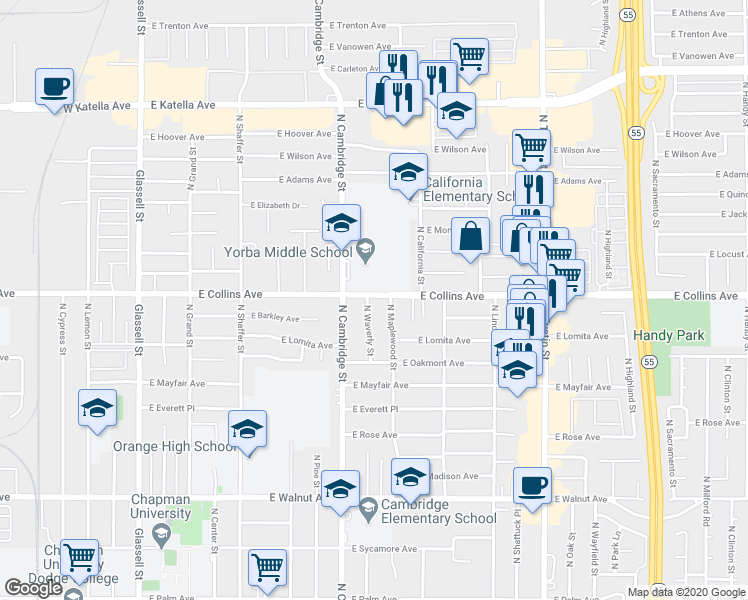 map of restaurants, bars, coffee shops, grocery stores, and more near 1028 East Collins Avenue in Orange