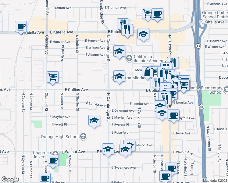 map of restaurants, bars, coffee shops, grocery stores, and more near 1028 East Collins Avenue in Orange
