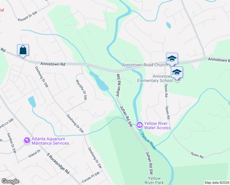 map of restaurants, bars, coffee shops, grocery stores, and more near 3085 Juhan Road Southwest in Stone Mountain