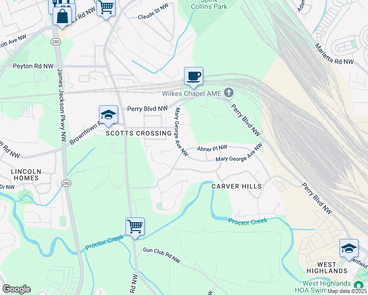 map of restaurants, bars, coffee shops, grocery stores, and more near 1705 Mary George Avenue Northwest in Atlanta