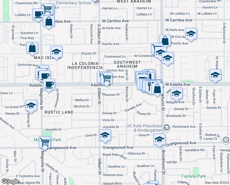 map of restaurants, bars, coffee shops, grocery stores, and more near 9615 Maureen Drive in Garden Grove