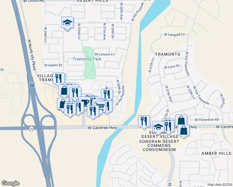 map of restaurants, bars, coffee shops, grocery stores, and more near 3005 West Ferruccio Place in Phoenix