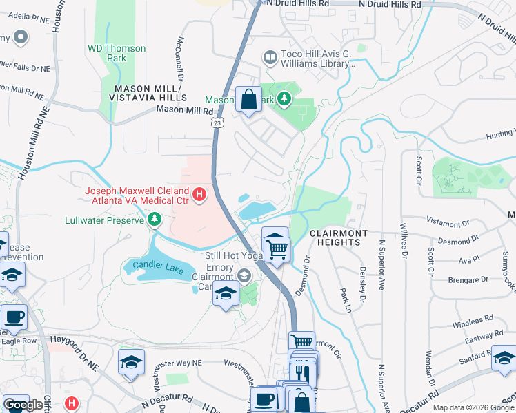 map of restaurants, bars, coffee shops, grocery stores, and more near 1725 Clairmont Road in Decatur